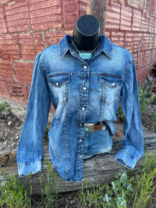 Sanger Tooled Leather  Denim Button Up - Also in Plus Size by