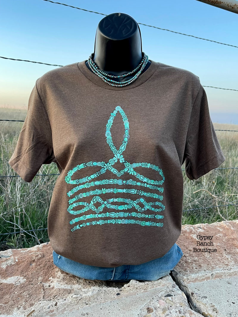 Turquoise Squash Blossom Boot Stitch on Brown Tee - Also in Plus Size