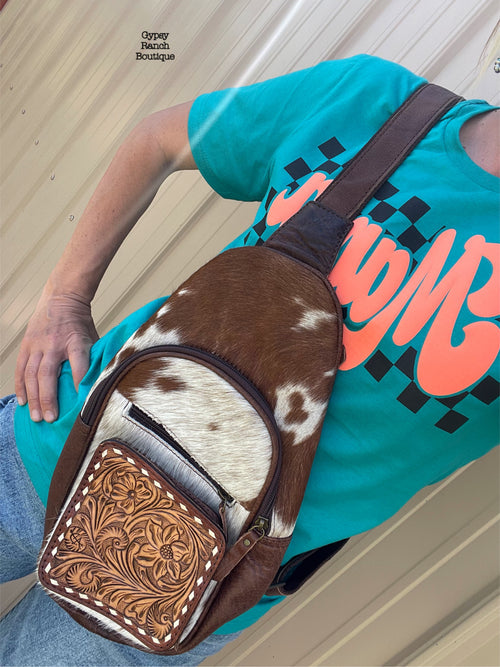 Pryor Ranch Cowhide Leather Tooled Bum Bag Crossbody Purse