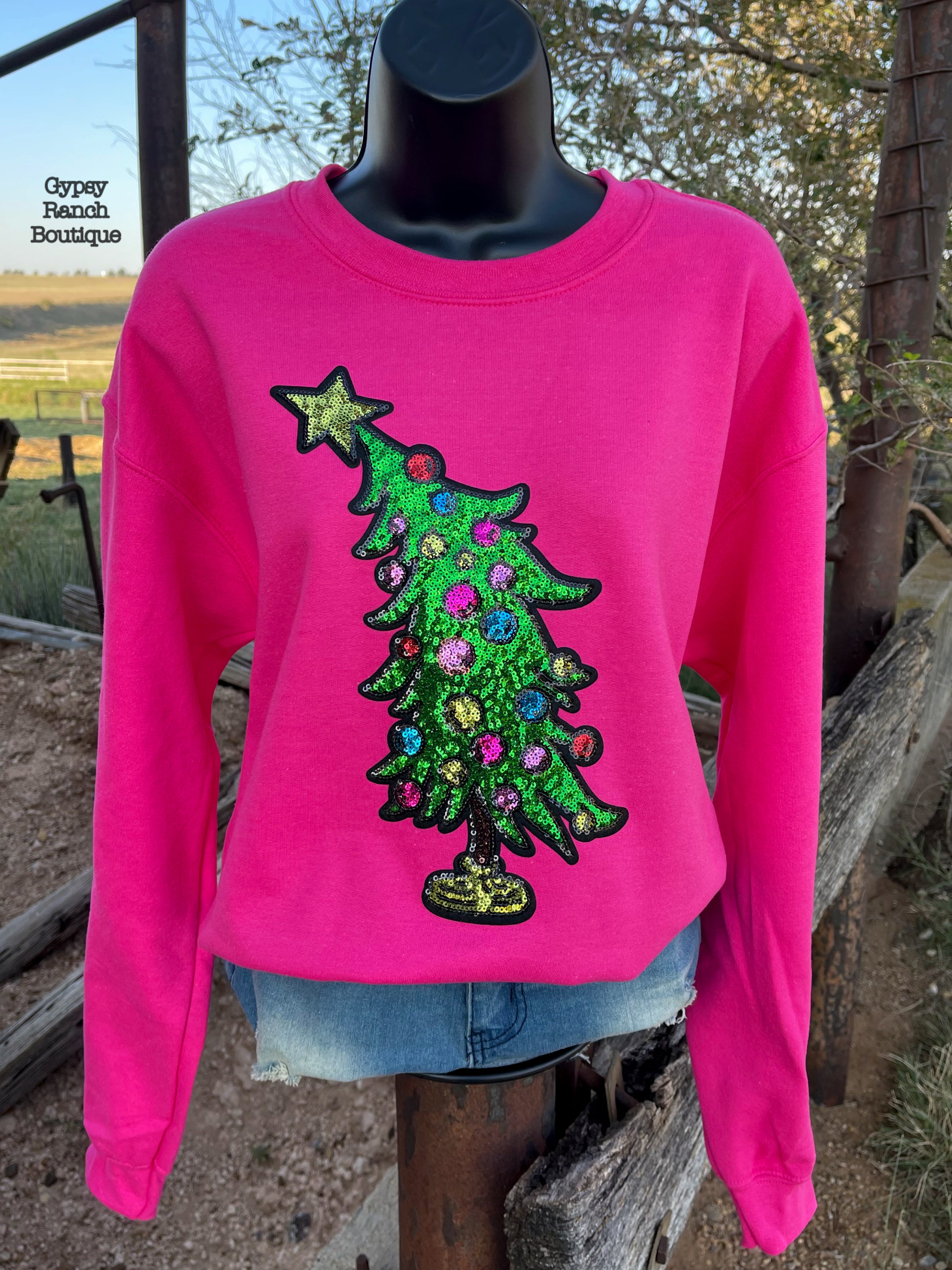 Sequin Tree Christmas Sweatshirt Also in Plus Size Gypsy Ranch Boutique