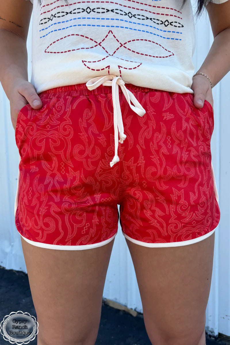 Raised Round Here Red Boot Stitch Shorts - Also in Plus Size