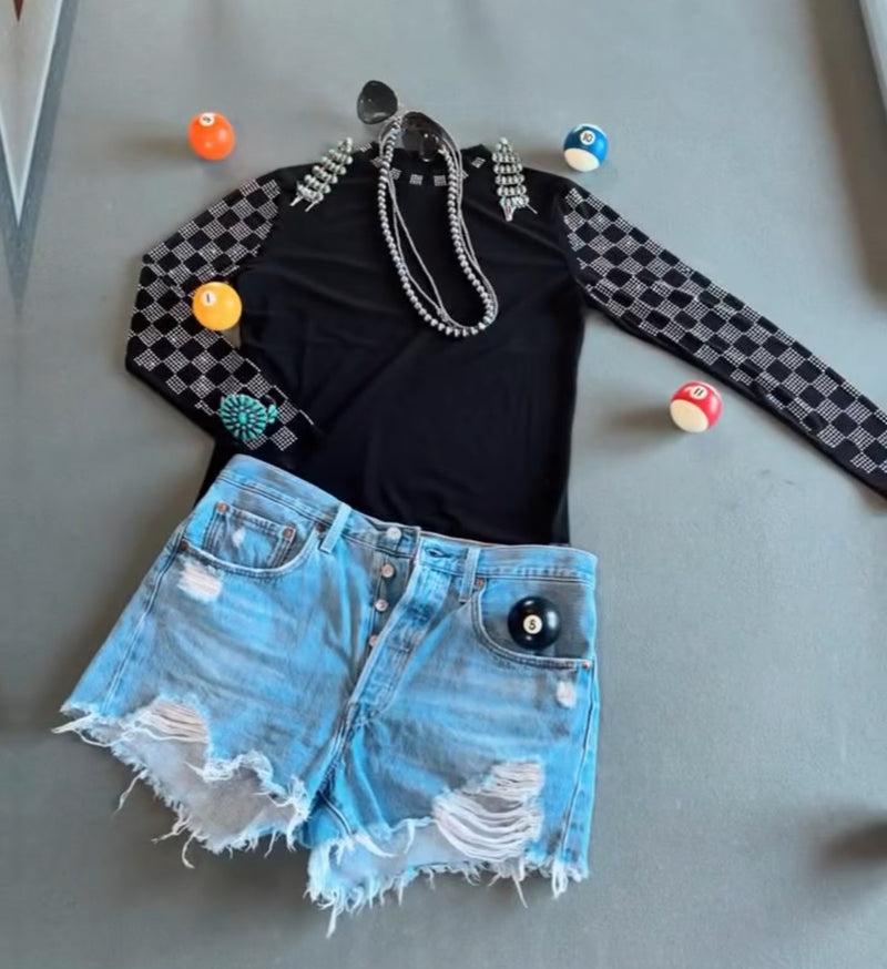 She Fancy Rhinestone Checkered Mesh Layering Top
