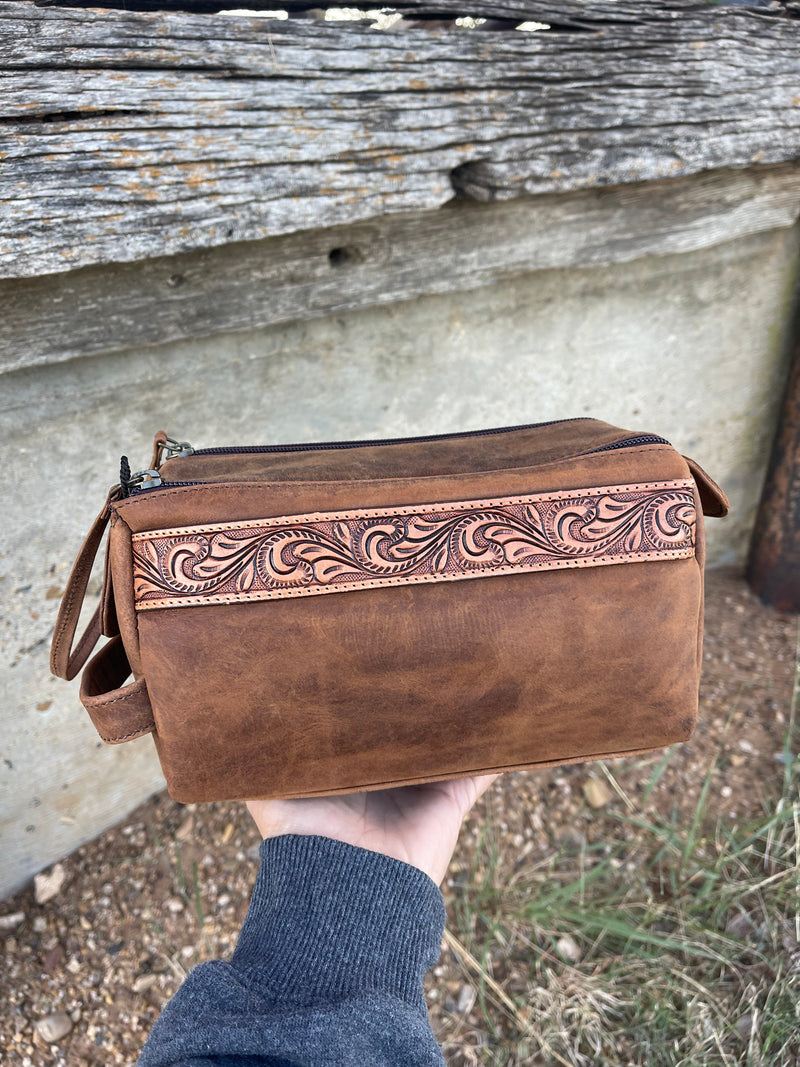 Stampede Leather Tooled Cosmetic Shaving Bag