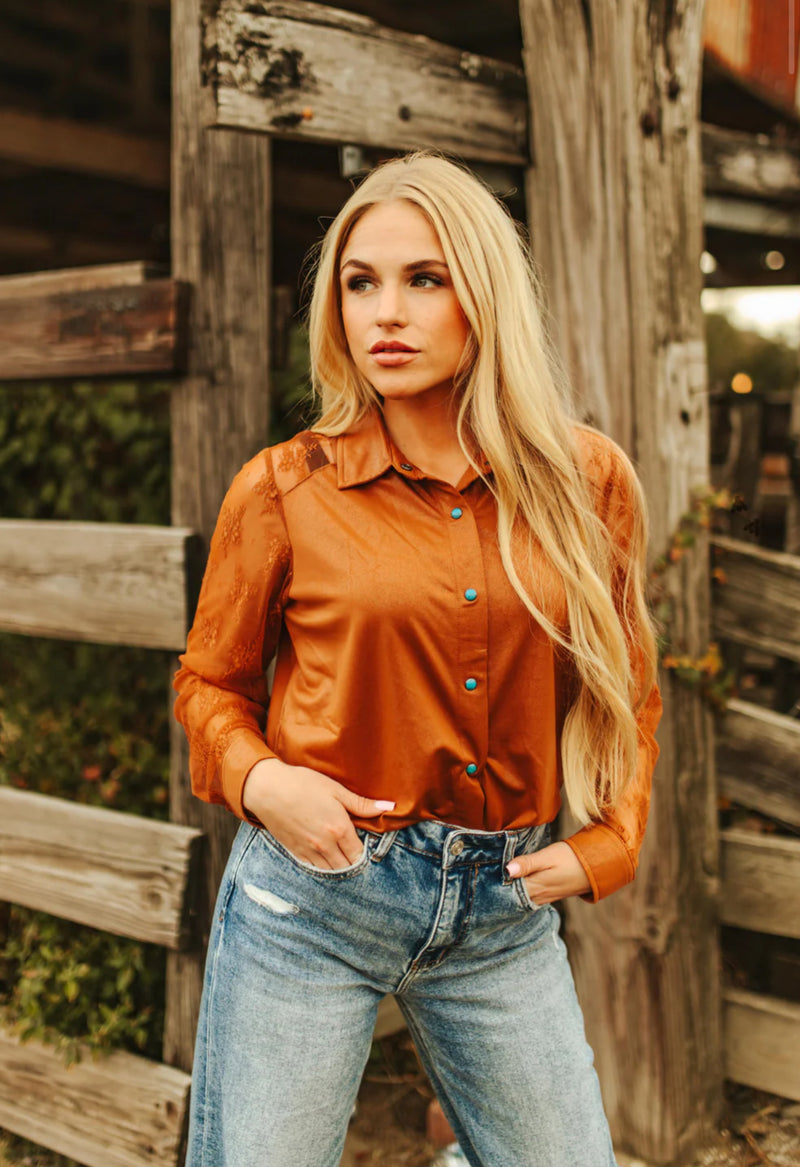 Saddle Cattlemen Couture Lace Turquoise Buttons Top - Also in Plus Sizee