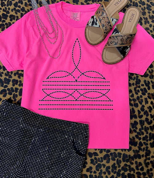 Boot Stitch on Neon Pink Tee - Also in Plus Size