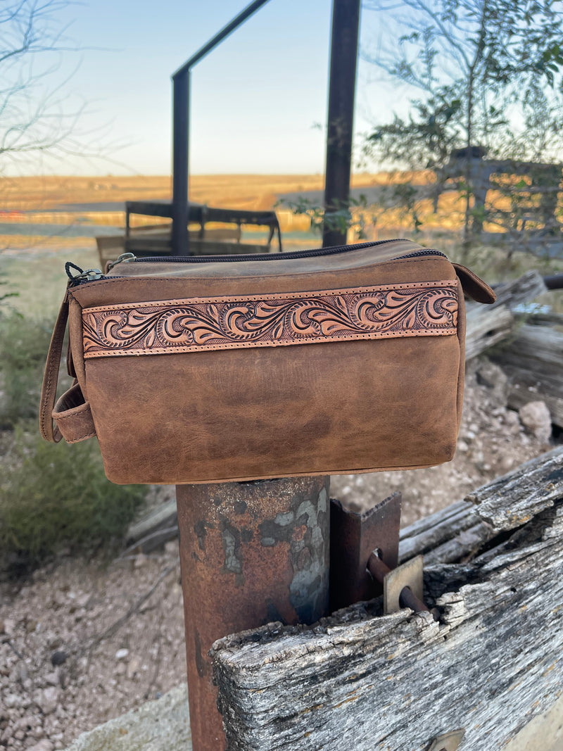 Stampede Leather Tooled Cosmetic Shaving Bag