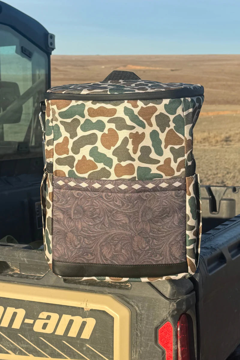 Camo & Leather Backpack Cooler
