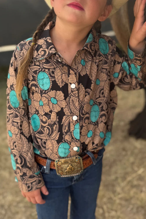 Kids Riata Tooled Turquoise Pearl Snap Button Up Top
