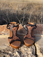 Calgary Tooled Leather Wedge Sandal