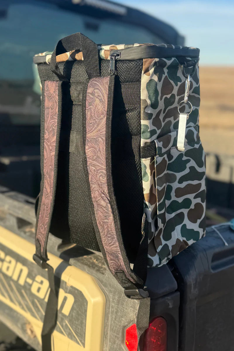 Camo & Leather Backpack Cooler