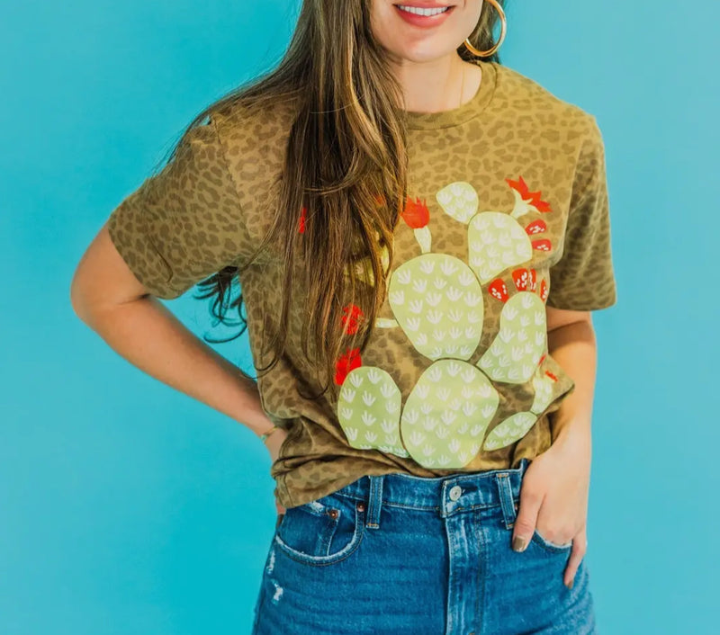 Cactus Puff Print on Leopard Top - Also in Plus Size