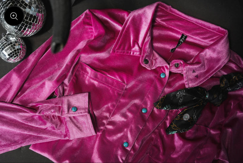 Fierce in Pink Velvet Turquoise Pearl Snaps Button Up Top - Also in Plus Size