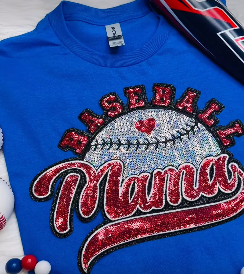 Baseball Mama Sequin Patch on Royal Blue Tee - Also in Plus Size