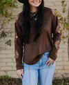 Chocolate Wagon Wheel Concho Turquoise Top - Also in Plus Size