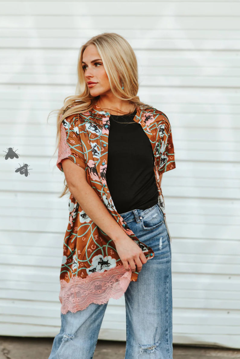 Blushin Bronc Turquoise Buttons Top - Also in Plus Size