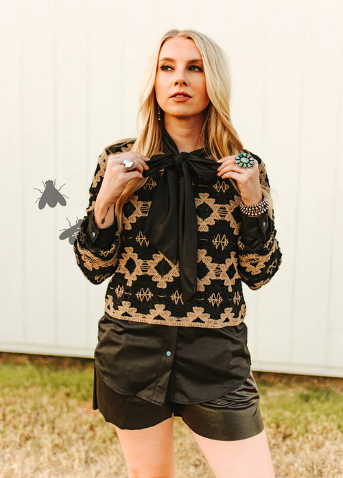 The Outlaw Turquoise Buttons Black Top - Also in Plus Size