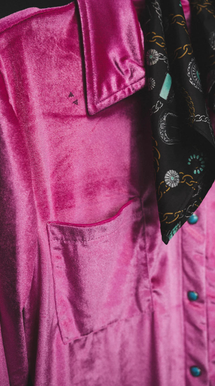 Fierce in Pink Velvet Turquoise Pearl Snaps Button Up Top - Also in Plus Size