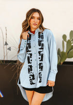 Boot Scootin Embroidered Turquoise Button Denim Top - Also in Plus Size