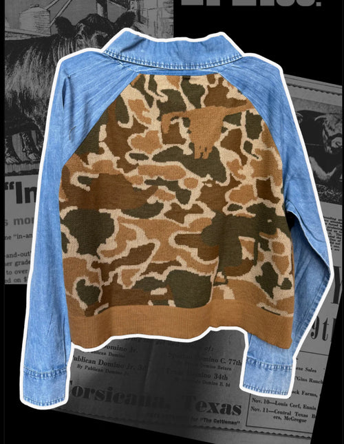 Double Take Camo Collared Denim Pullover Top- Also in Plus Size