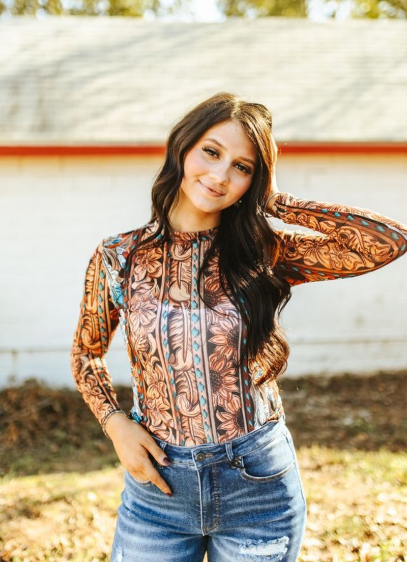 Tooled Turquoise Buckstitch Mesh Layering Top - Also in Plus Size