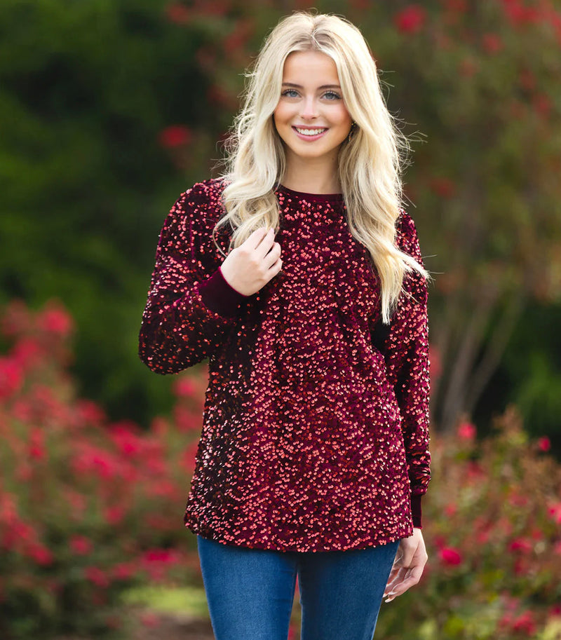 Harlow Maroon Sequin Top - Also in Plus Size – Gypsy Ranch Boutique
