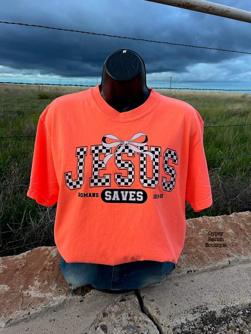 Jesus Saves Neon Coral Tee - Also in Plus Size