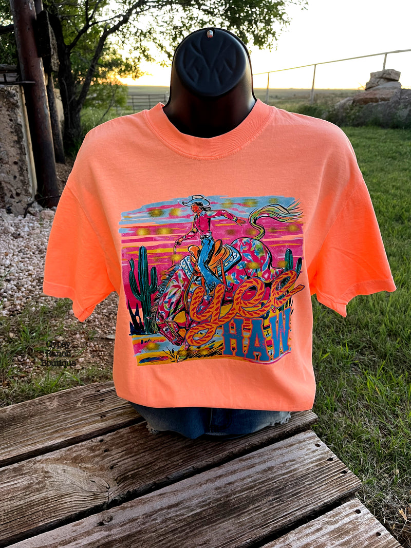 Yee Haw on Neon Melon Tee - Also in Plus Size