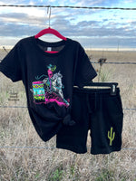 Kids Cactus Embroidered Patch Blk Shorts