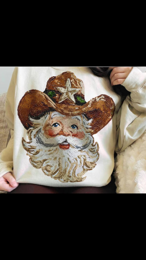 Shimmer Cowboy Santa Faux Sequin Sweatshirt - Also in Plus Size