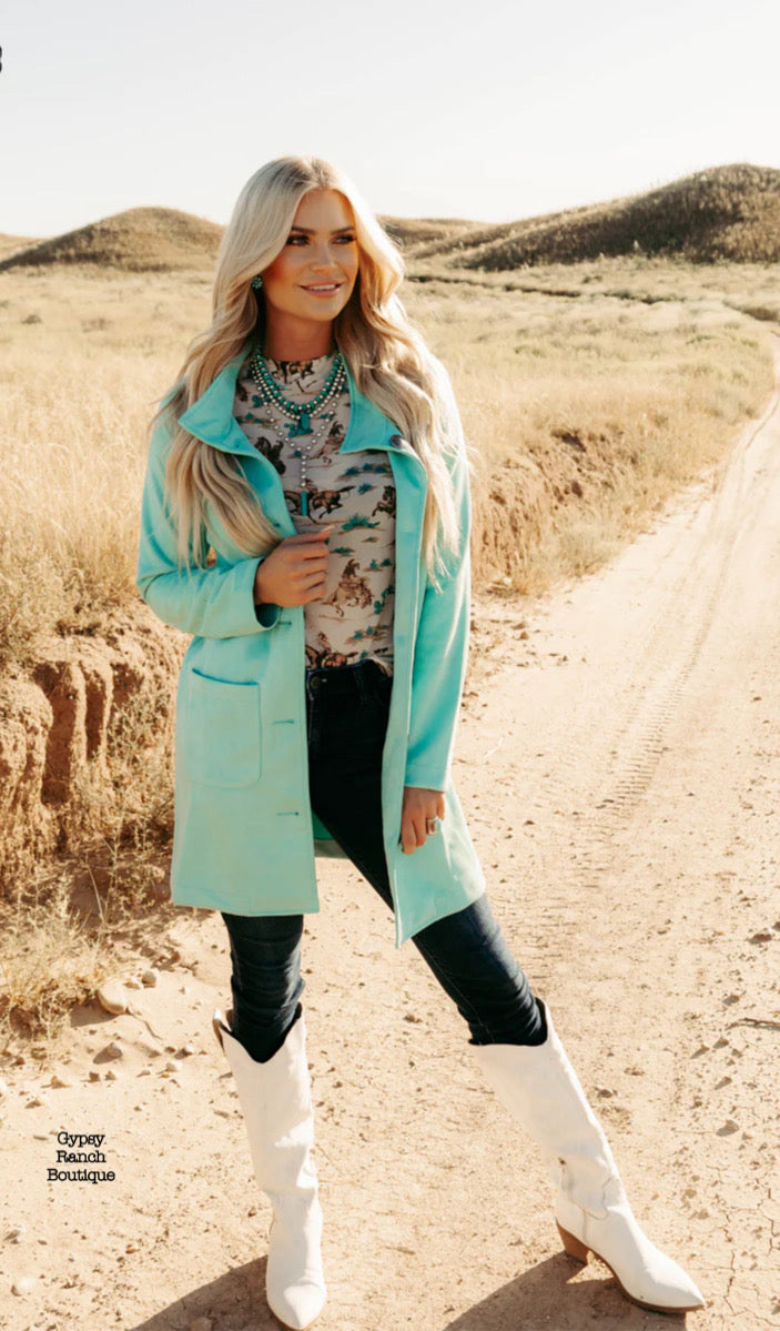 Denali River Turquoise Suede Blazer Jacket - Also in Plus Size
