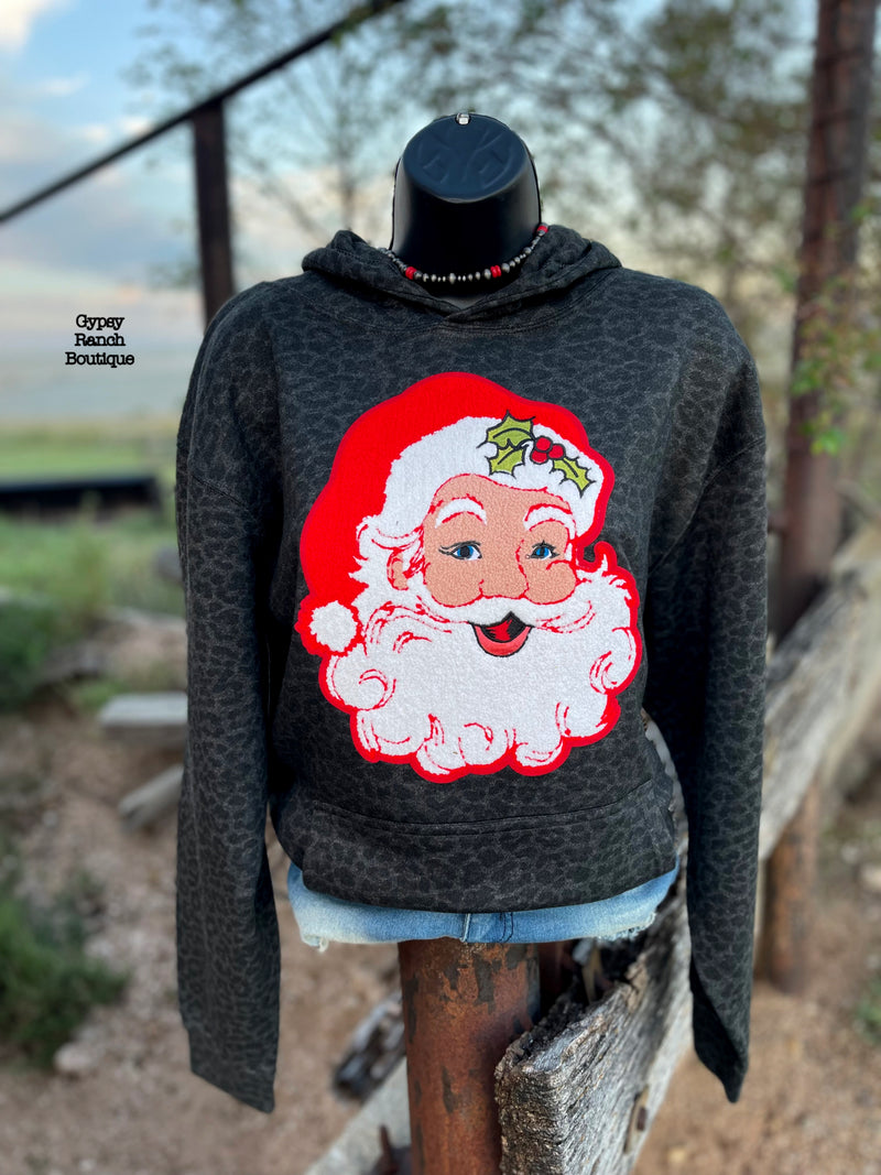 Jolly Santa Chenille Patch Leopard Hoodie Top - Also in Plus Size