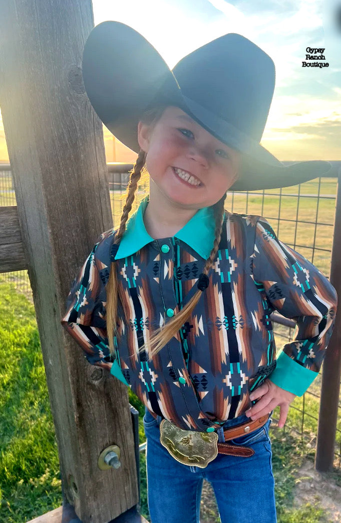 Rodeo Trail Azrec Turquoise Pearl Snap Button Up Top - Kids