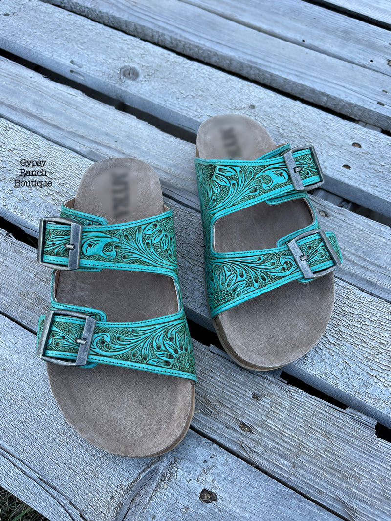 Bexlee Jo Turquoise Tooled Leather Sandals