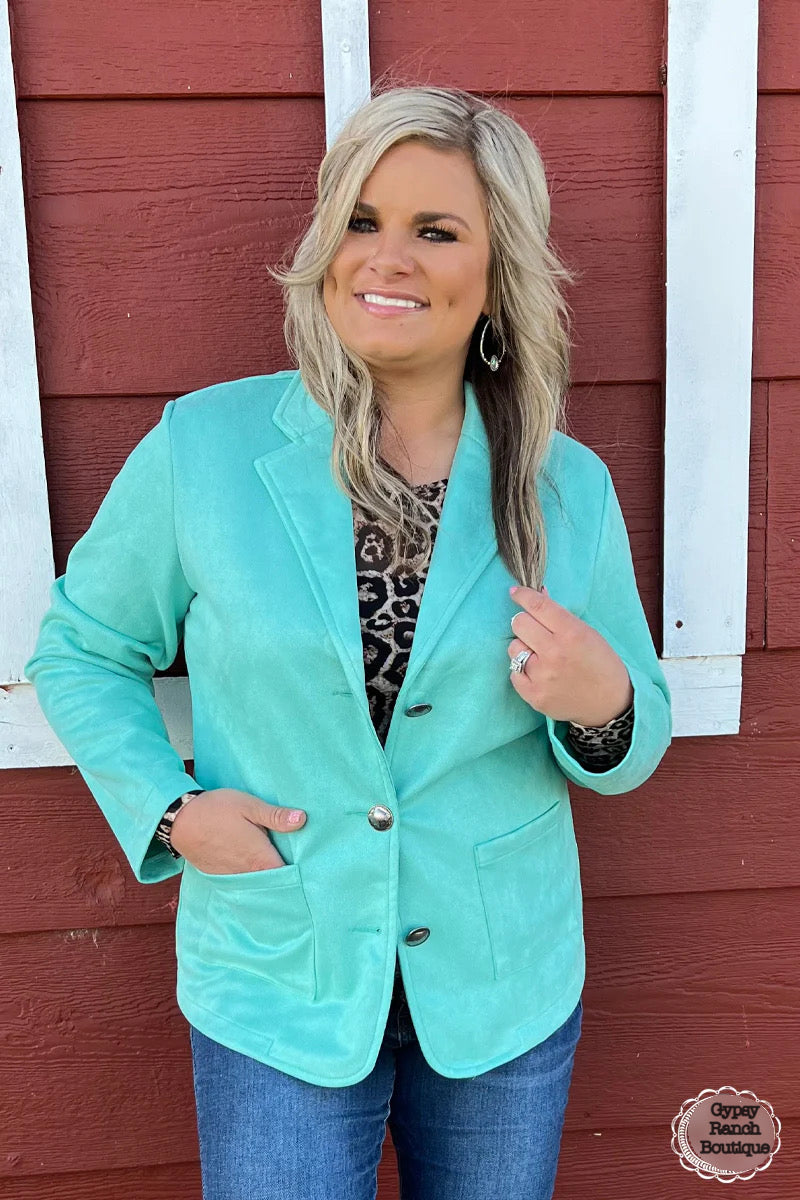 Tejas Turquoise Suede Blazer Jacket - Also in Plus Size