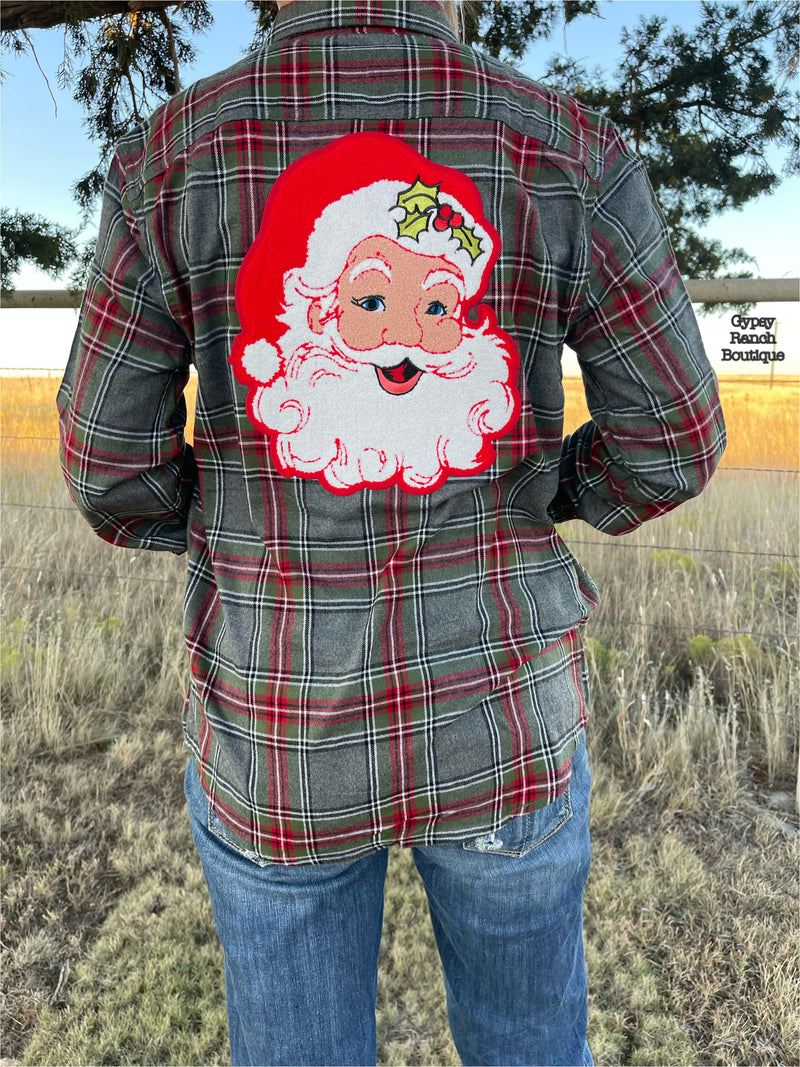 Santa Chenille Patch Flannel Button Up Top - Also in Plus Size