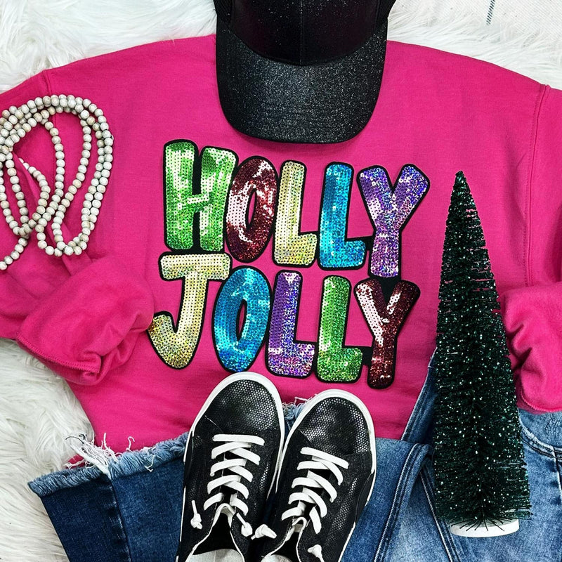Holly Jolly Sequin Chenille Patch Pink Sweatshirt - Also in Plus Size