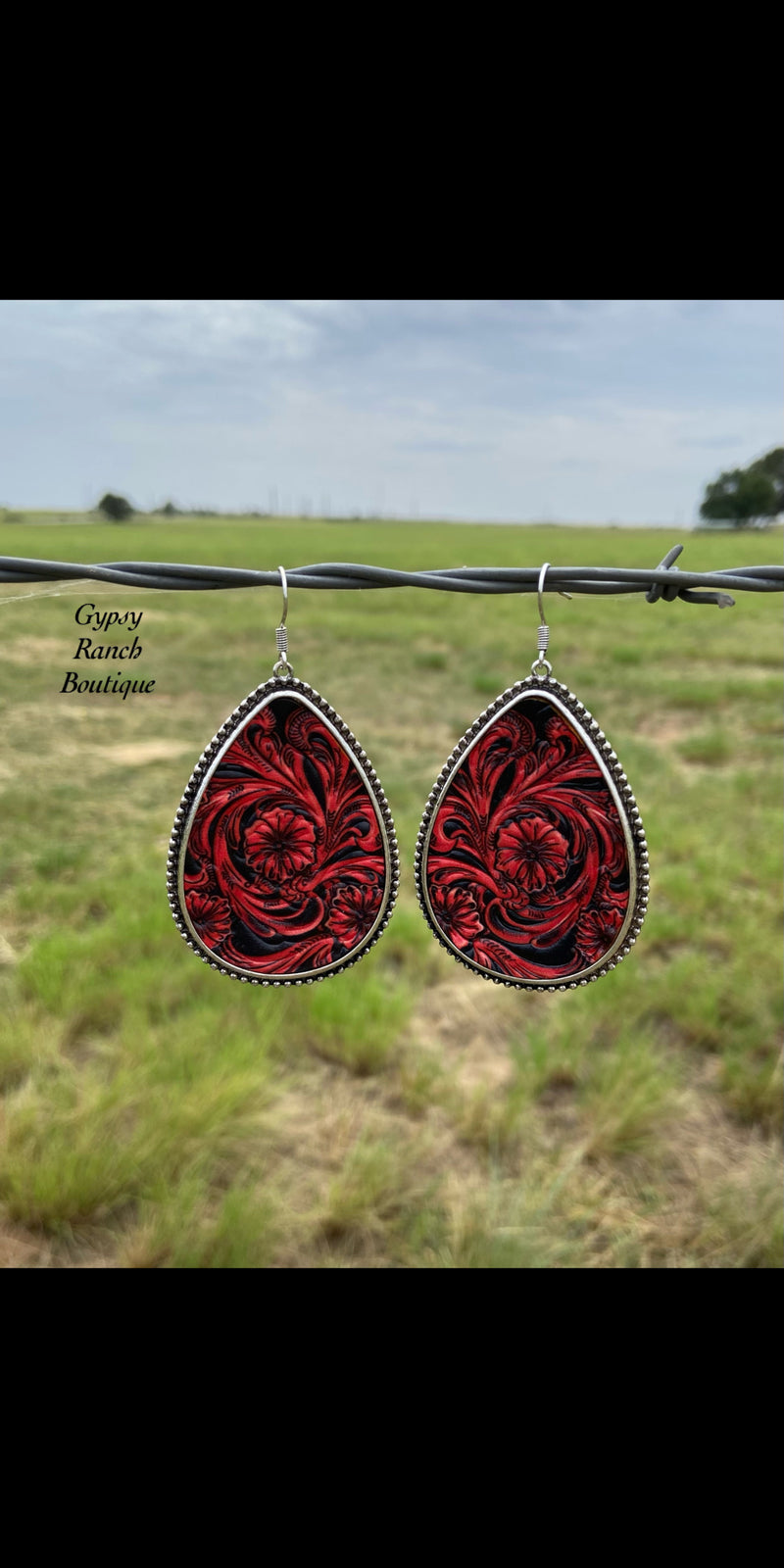 Valley River Red Tooled Leather Earrings