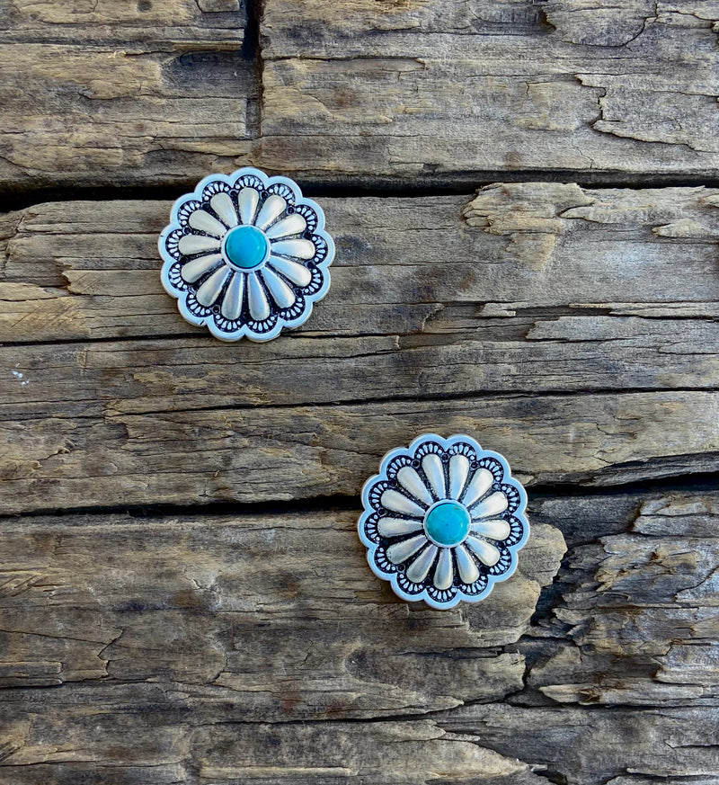 Down Home Silver And Turquoise Concho Post Back Earrings