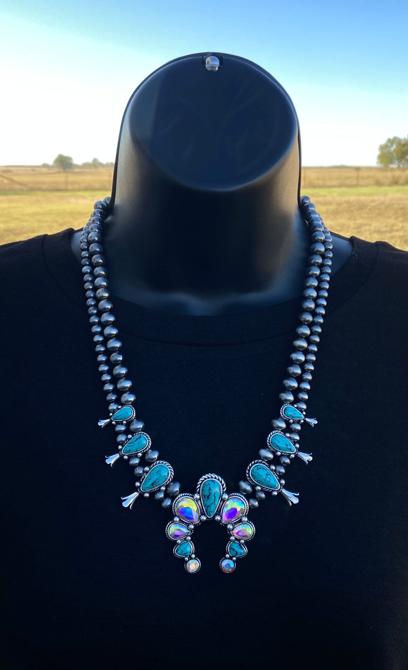 Glits And Glam Turquoise Rhinestone Squash Necklace