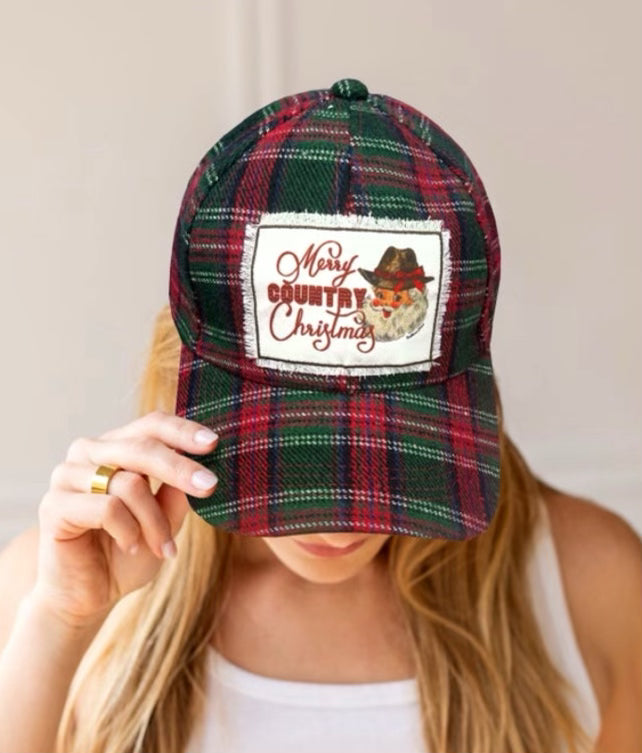 Merry Country Christmas Plaid Santa Cap
