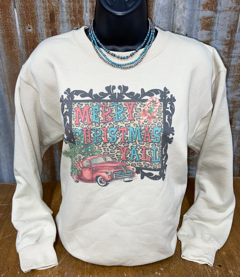 Leopard Merry Christmas Y’all on Sand Sweatshirt - Also in Plus Size