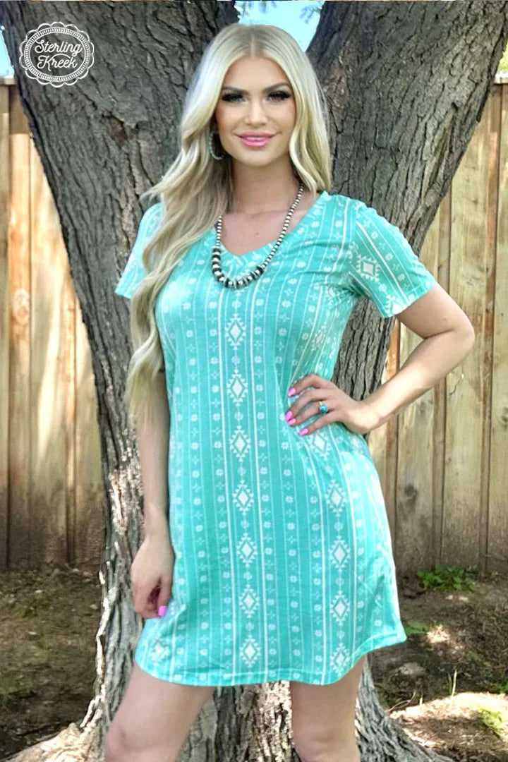 Walking In Turquoise Aztec Dress - Also in Plus Size