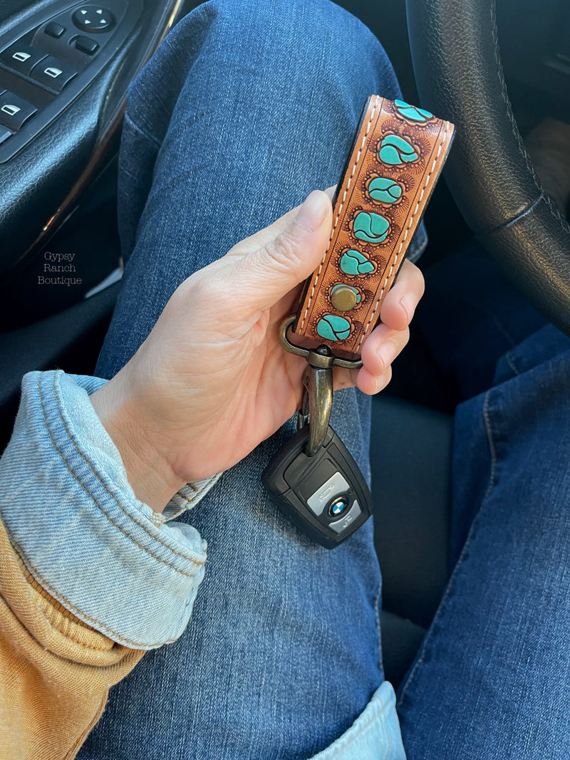 Abby Lane Leather Tooled Turquoise Keychain