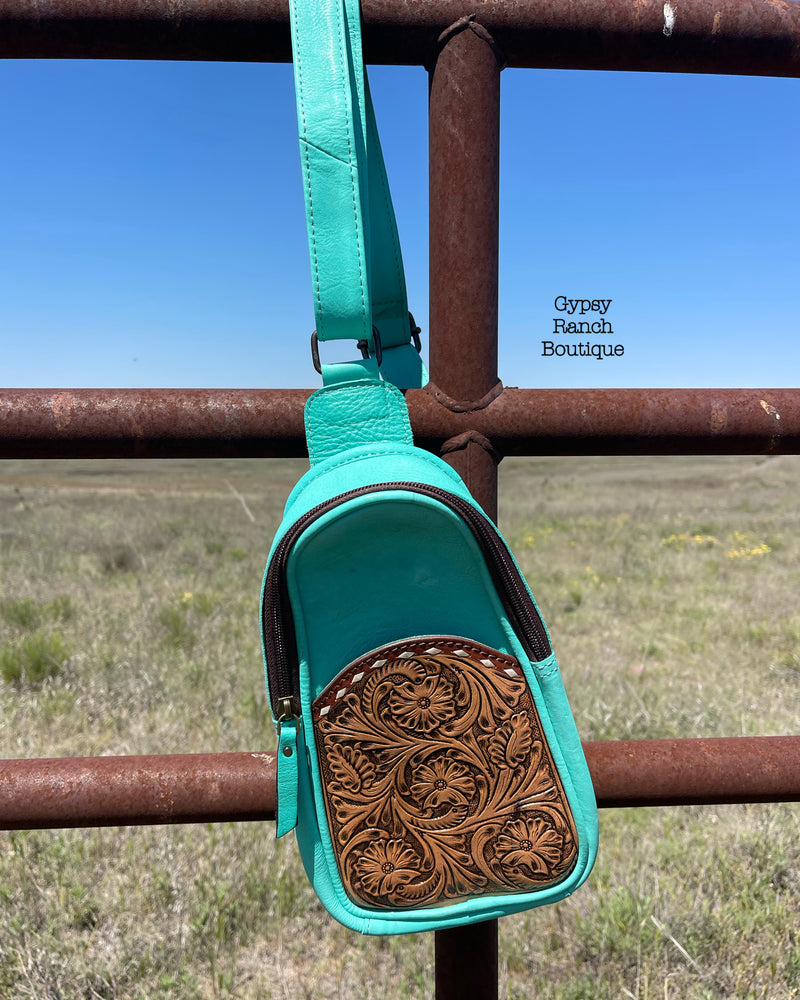 Sutton Turquoise Leather Tooled Bum Bag Crossbody Purse