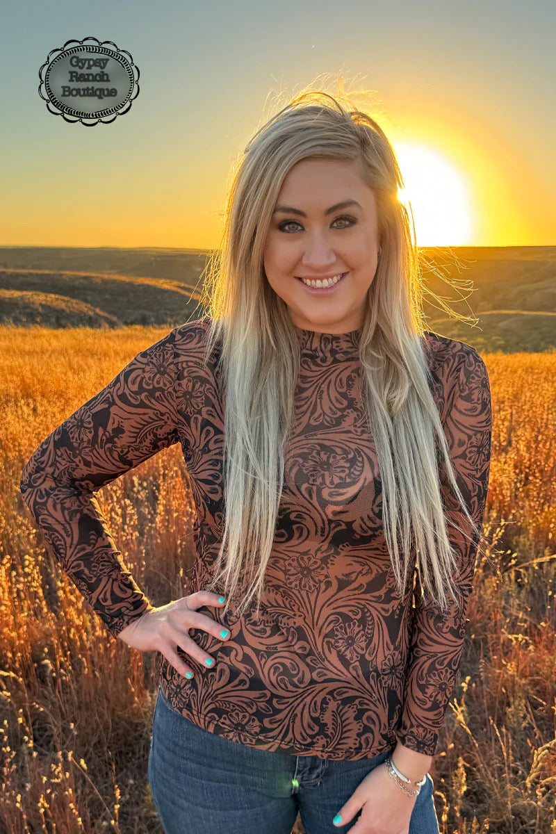 Tooled Leather Mesh Layering Top - Also in Plus Size