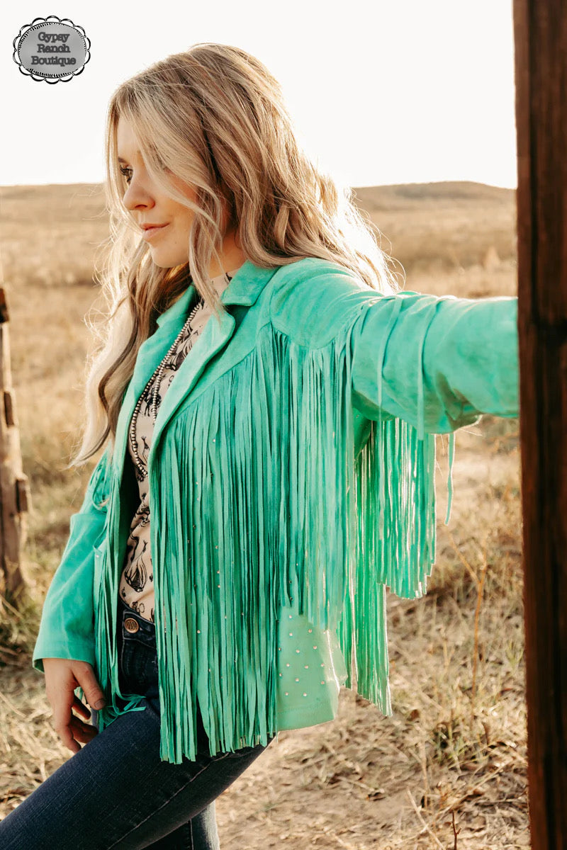 Denver Turquoise Rhinestone Fringe Jacket- Also in Plus Size