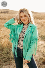 Denver Turquoise Rhinestone Fringe Jacket- Also in Plus Size