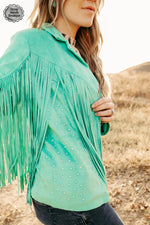 Denver Turquoise Rhinestone Fringe Jacket- Also in Plus Size