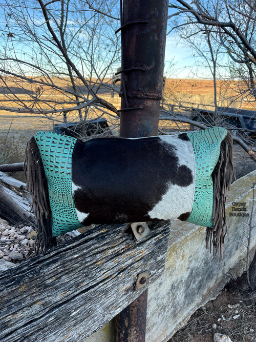 On the Ranch Cowhide Turquiose Fringe Pillow