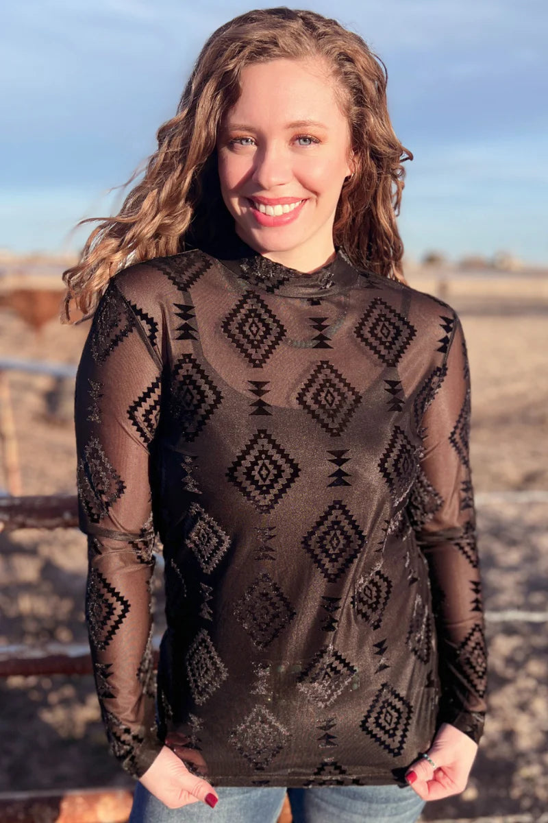 South Point Aztec Black Mesh Layering Top - Also in Plus Size
